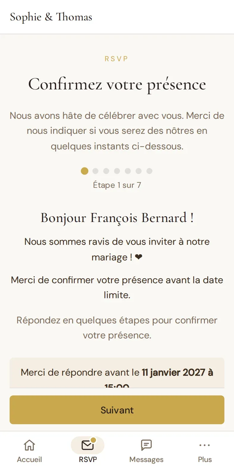 Page de réponse invité sur téléphone