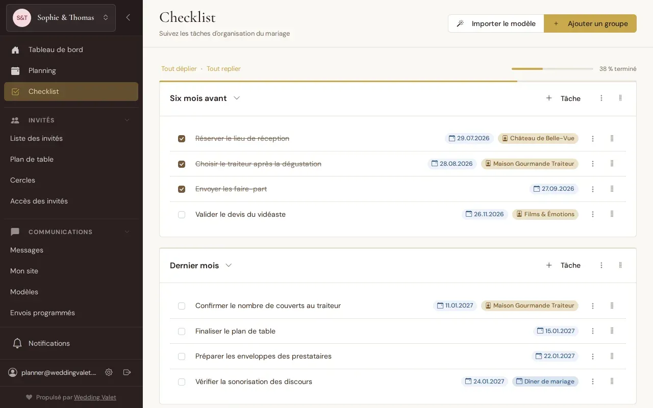Checklist du mariage avec tâches reliées aux prestataires