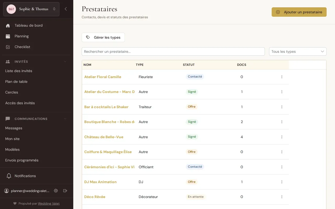 Liste des prestataires avec statuts